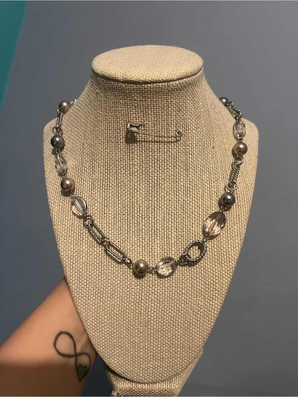 #183. Elegant Silver & Pink Pearl Link Necklace